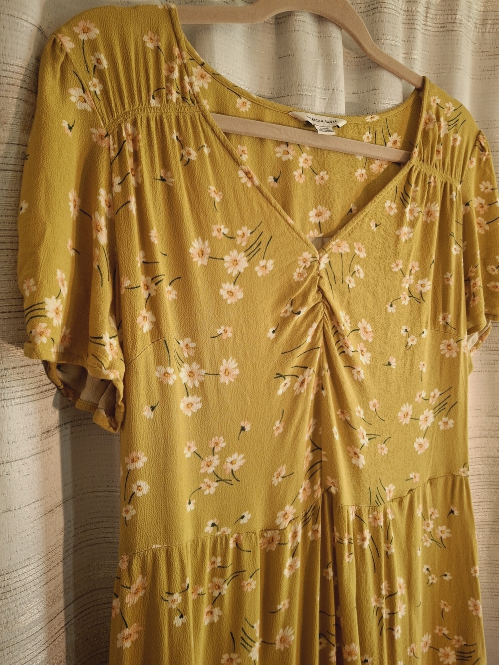 American Eagle Outfitters Mustard Yellow Floral V-Neck Dress Large - Picture 3 of 5